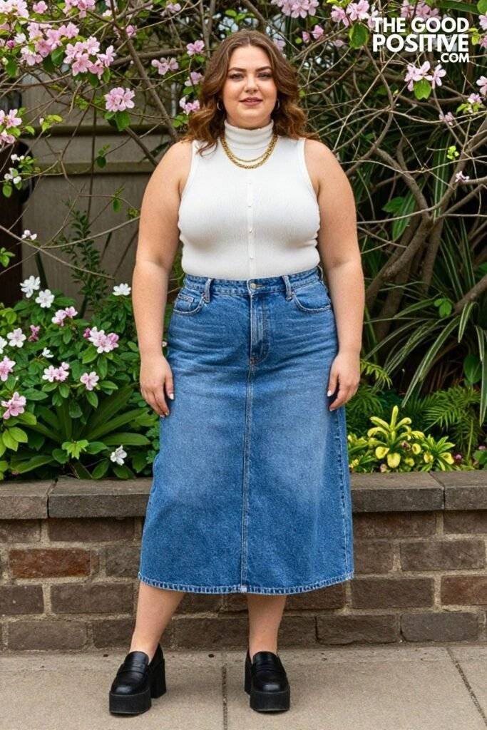 Plus Size Sleeveless Turtleneck Bodysuit With High-Waist Denim Midi Skirt Outfit
