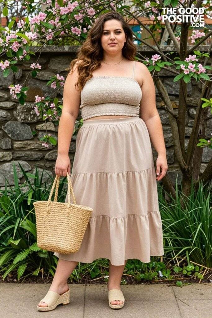 Plus Size Smocked Bodice Tiered Midi Skirt Co-Ord Set Outfit
