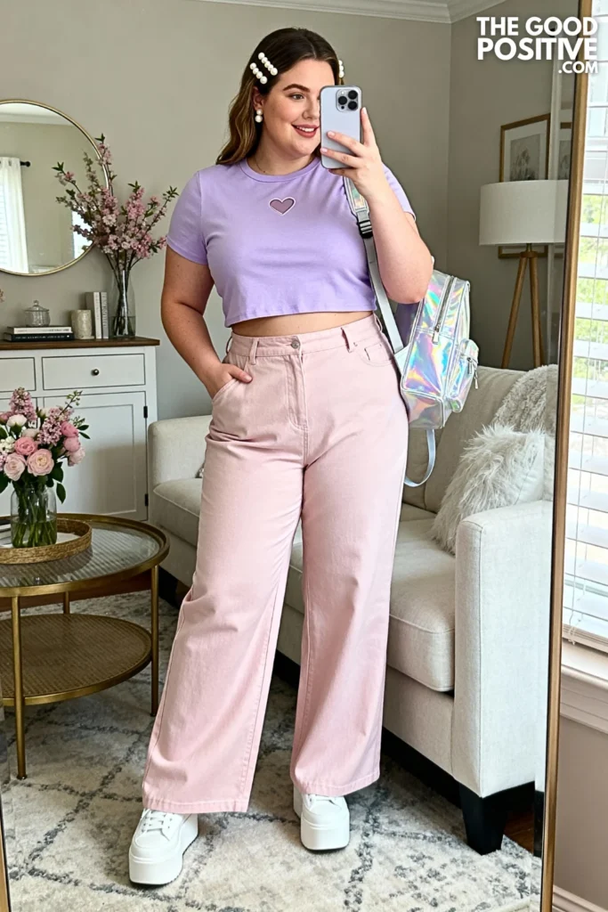 Plus Size Soft Girl Baby Tee and Wide Leg Pants Outfit