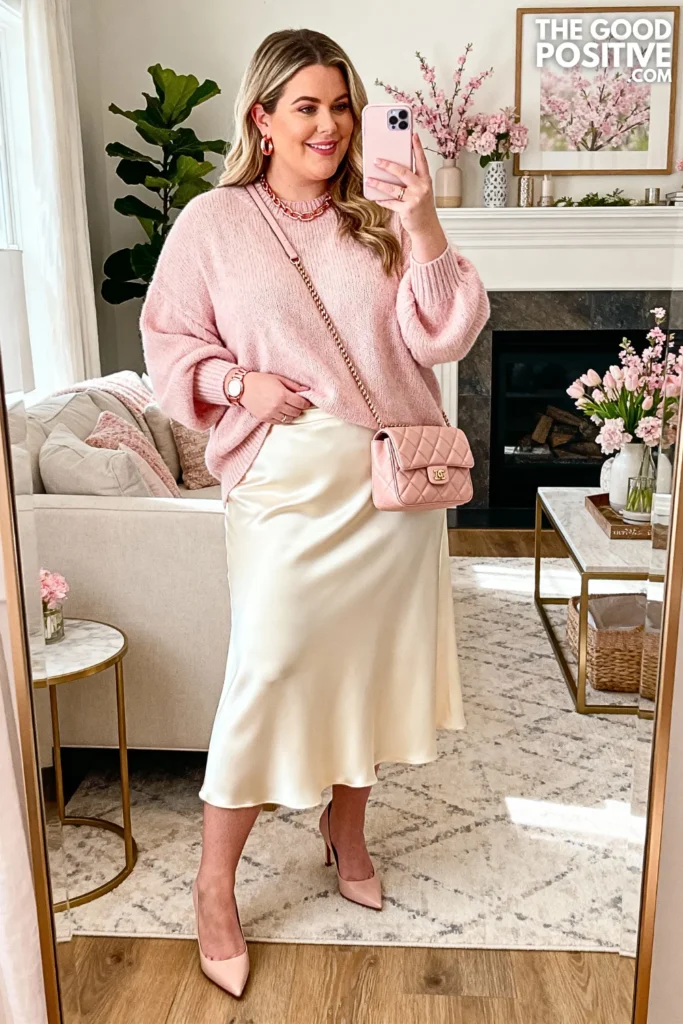 Plus Size Soft Romantic Sweater and Skirt Combo Outfit