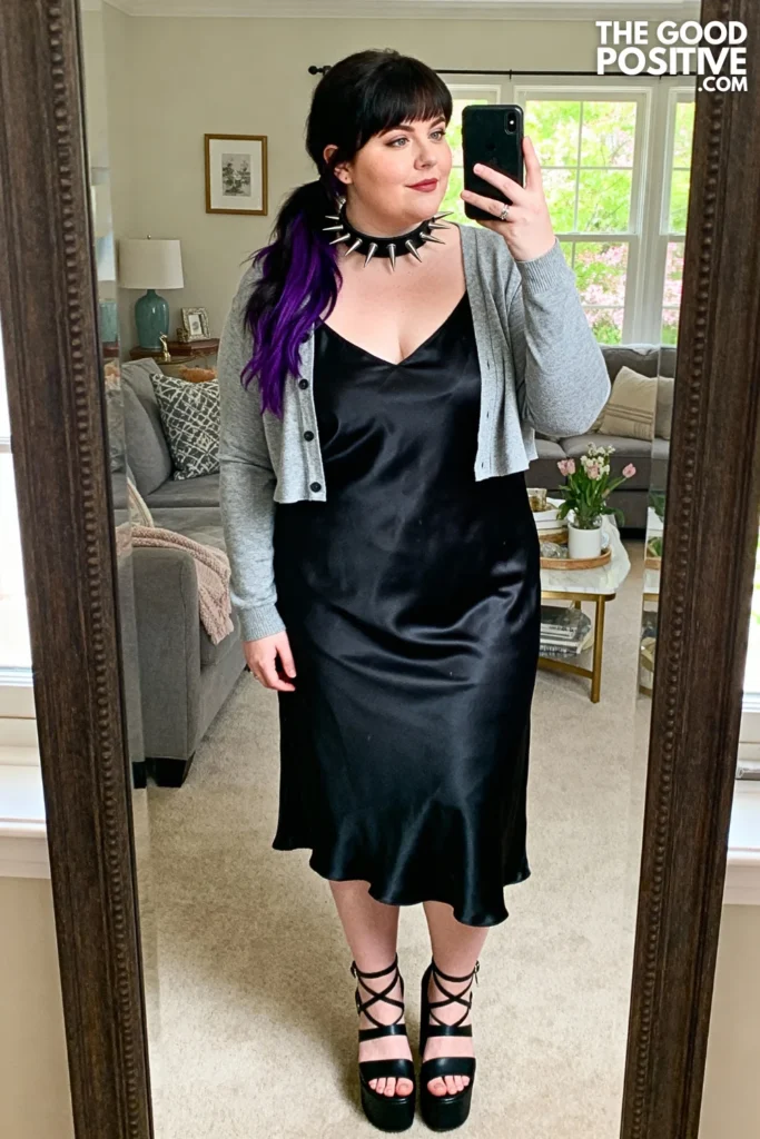 Plus Size Spiked Choker with Slip Dress Outfit