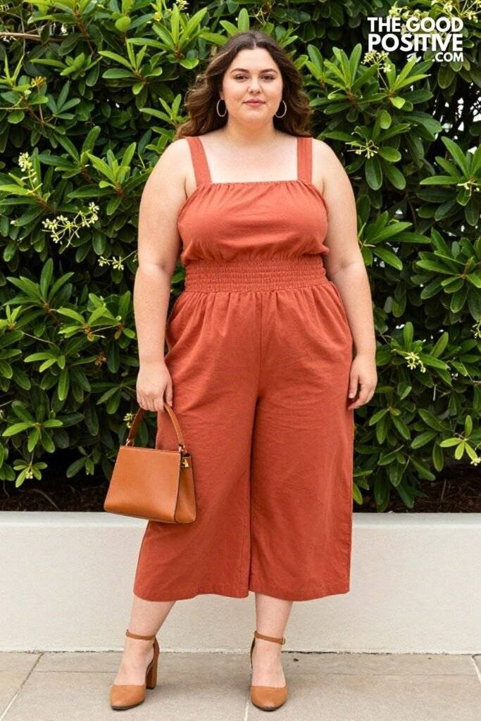 Plus Size Square-Neck Smocked Waist Jumpsuit With Cropped Wide-Leg Pants Outfit