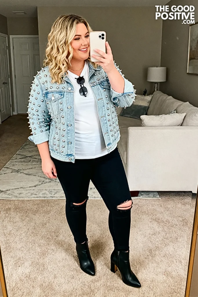 Plus Size Studded Denim Jacket with Ripped Black Jeans Outfit