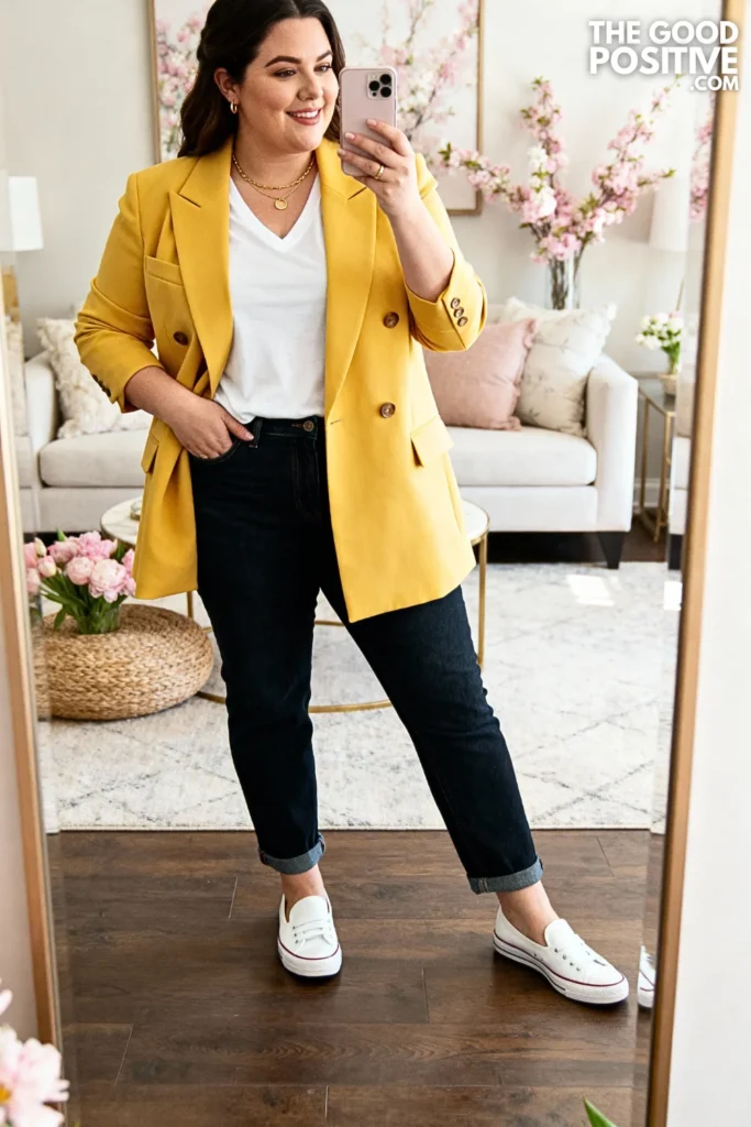 Plus Size Sunshine Yellow Blazer With Denim Outfit