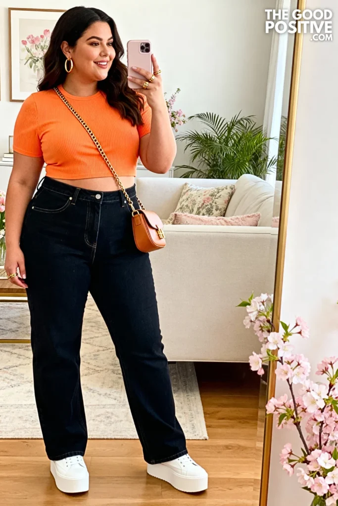 Plus Size Tangerine Crop Top With High-Waist Jeans Outfit
