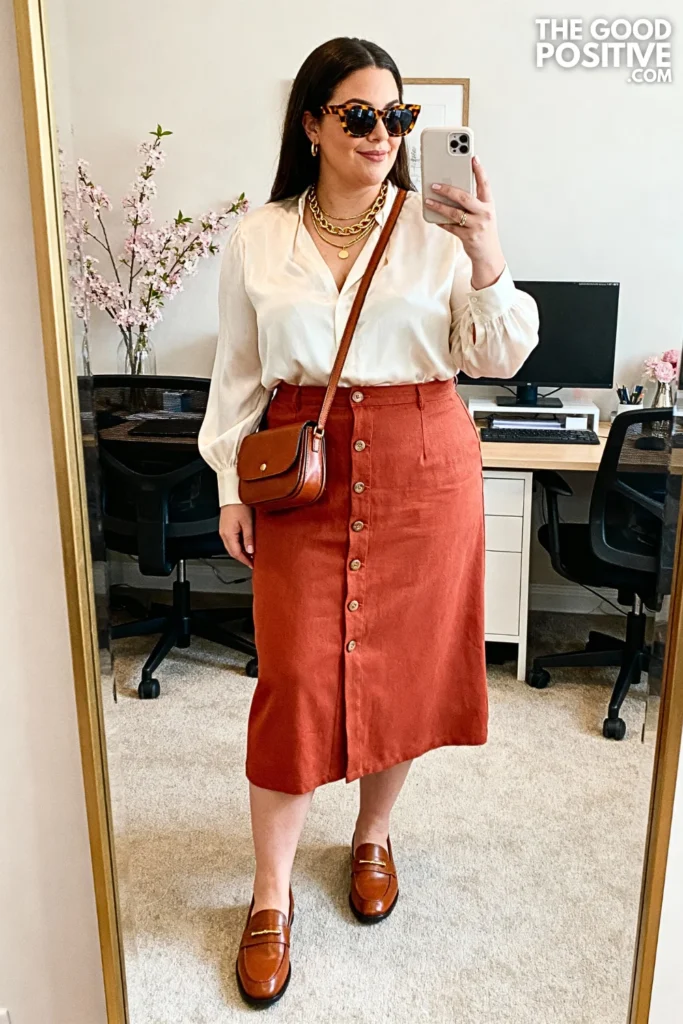 Plus Size Terracotta Button-Front Midi Skirt with Tucked Blouse Outfit