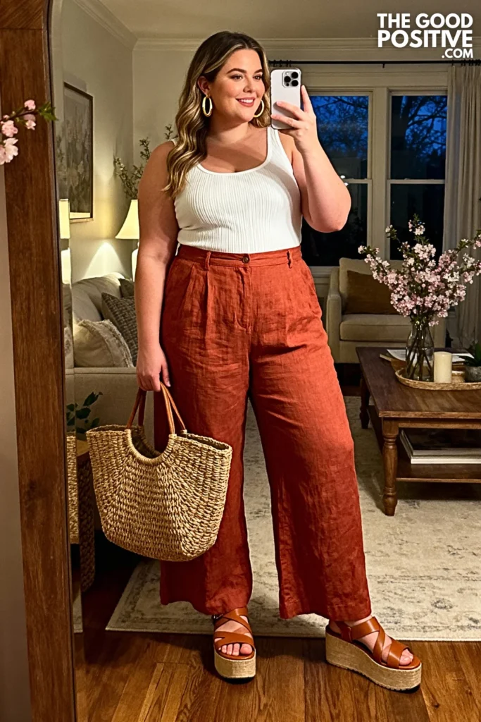 Plus Size Terracotta Linen Blend Wide Leg Pants Outfit