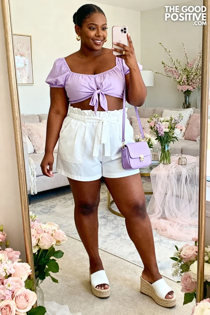 Plus Size Tie Front Crop Top With Paperbag Shorts Outfit