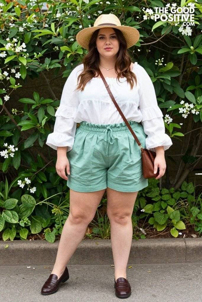 Plus Size Tiered Prairie Blouse With High-Waist Paperbag Shorts Outfit