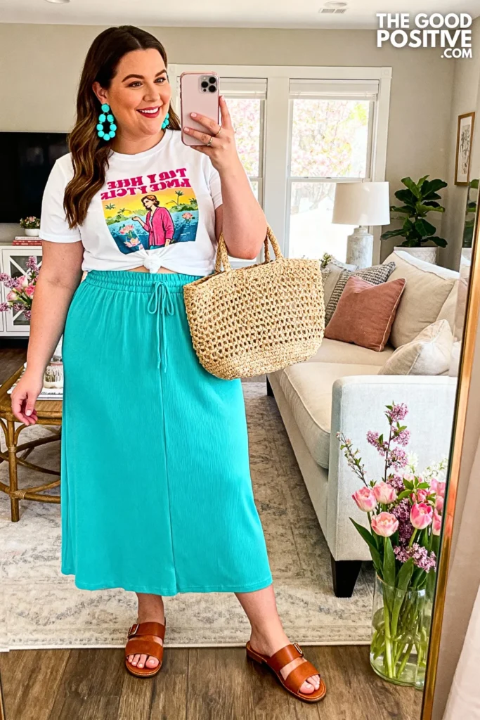 Plus Size Turquoise Maxi Skirt With Graphic Tee Outfit