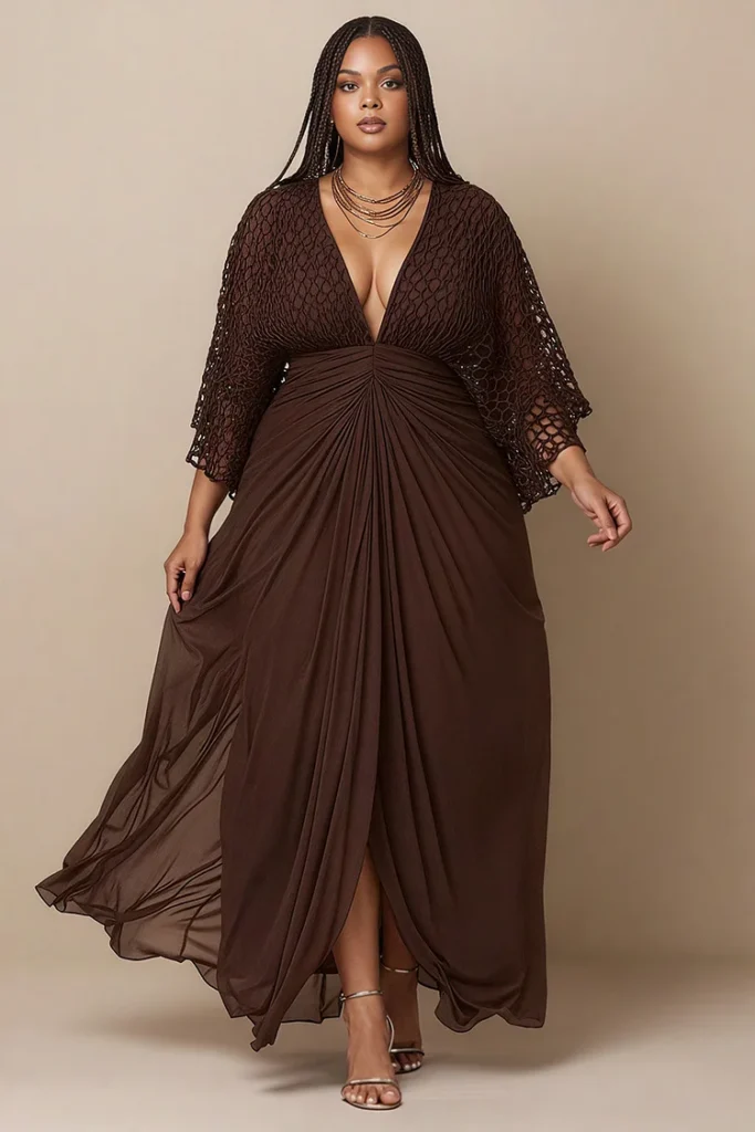 Plus Size Vacation Brown V Neck Half Sleeve Crochet Fold Maxi Dress