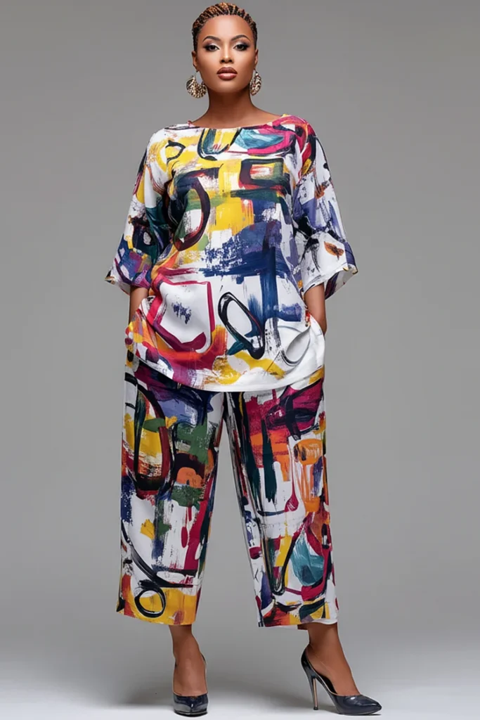 Plus Size Vacation Multicolor All Over Print Round Neck Flare 3:4 Sleeve Pocket Two Piece Pant Set