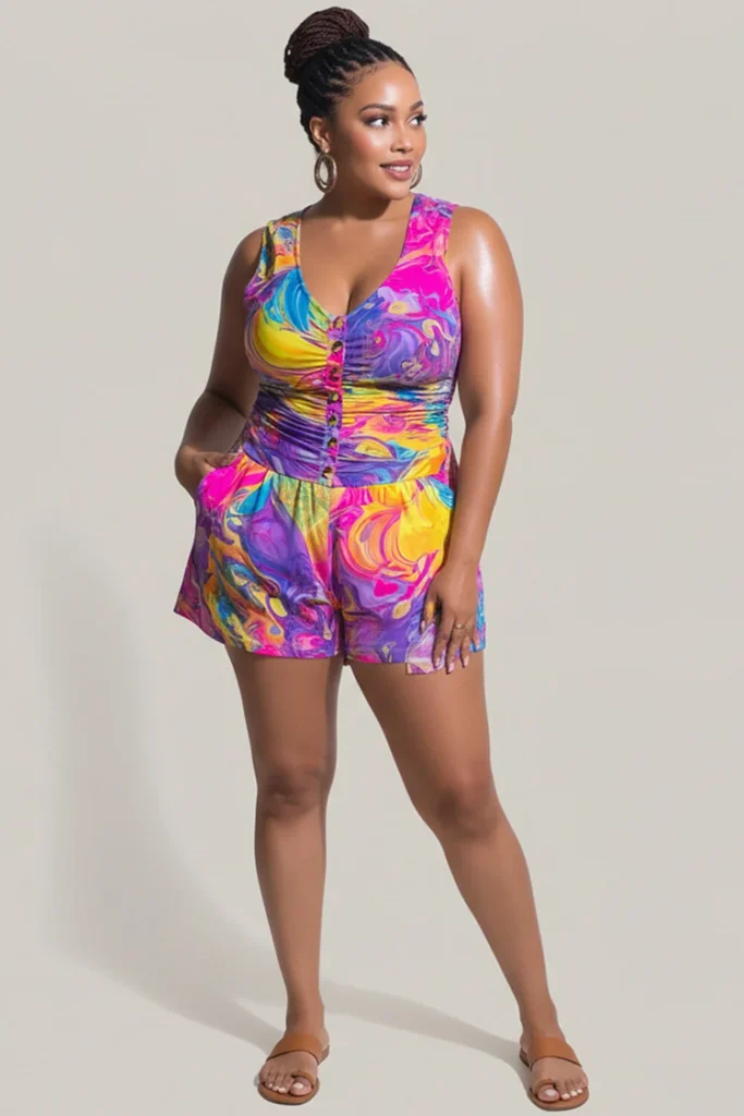 Plus Size Vacation Multicolor Floral Round Neck Pocket Romper