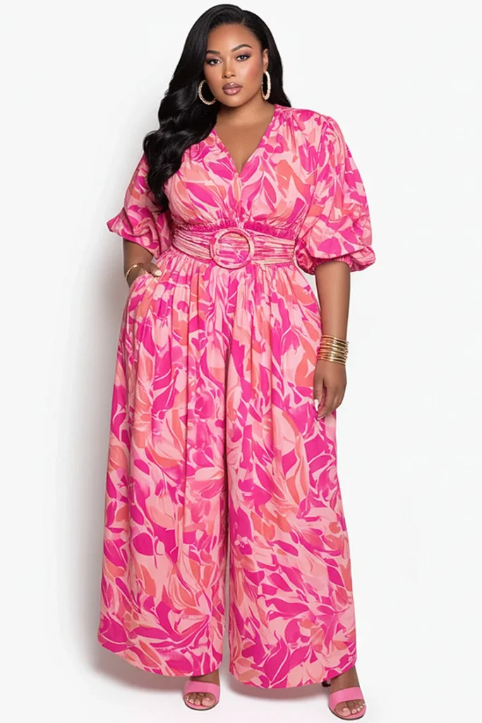 Plus Size Vacation Pink All Over Print V Neck Short Sleeve Pocket Wide Leg Jumpsuit