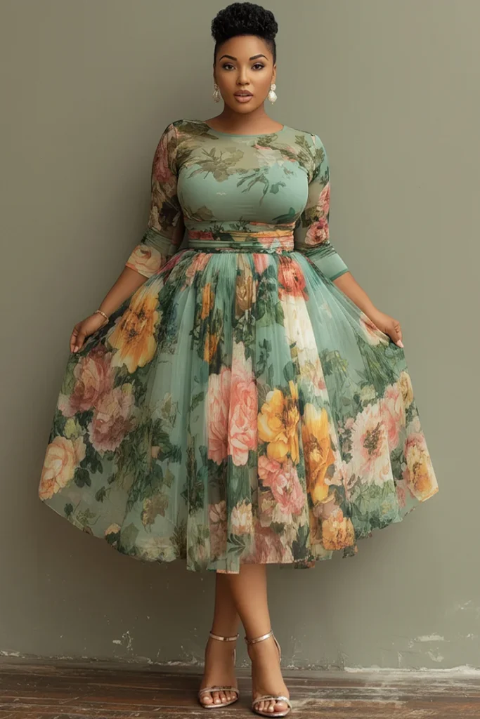 Plus Size Vacation Sage Green Floral Round Neck 3:4 Sleeve See Through Tulle Midi Dress