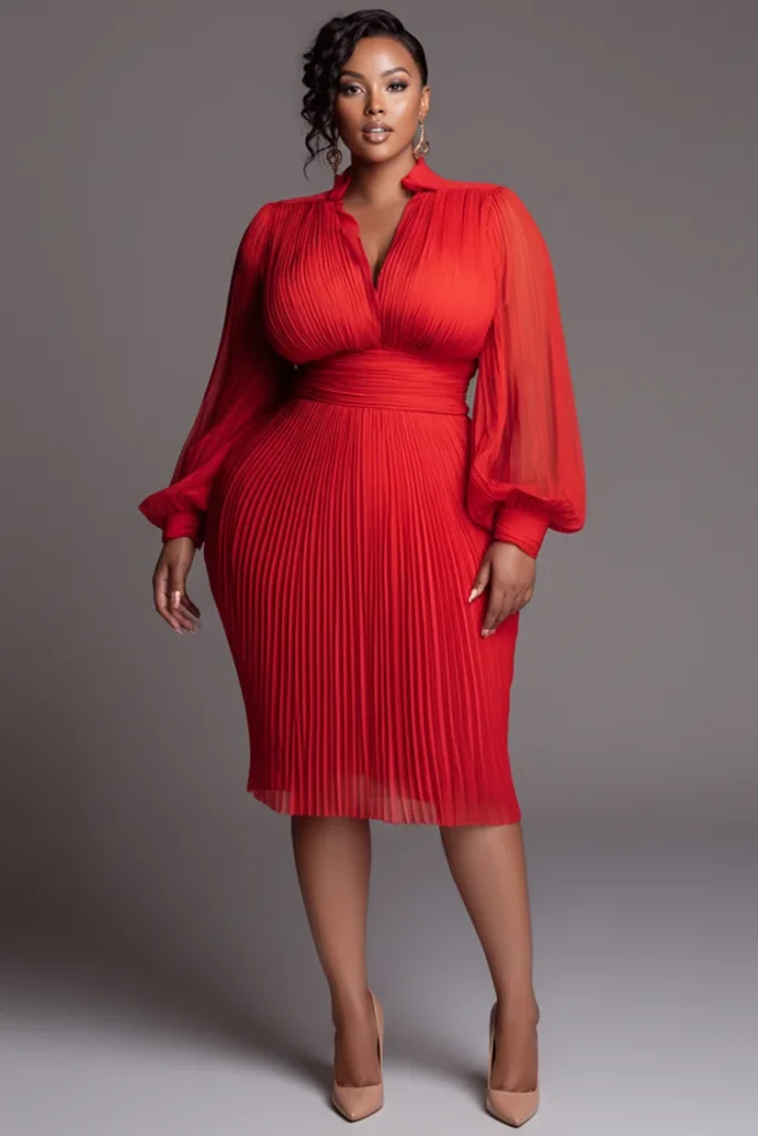 Plus Size Valentines Red Stand-Up Collar Long Sleeve Pleated Elegant See Through Chiffon Midi Dress