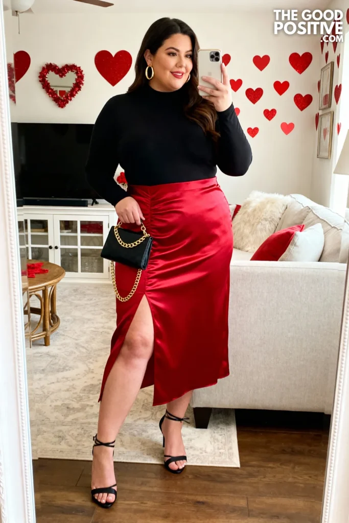 Plus Size Red Satin Midi Skirt with Tucked-In Black Bodysuit Outfit