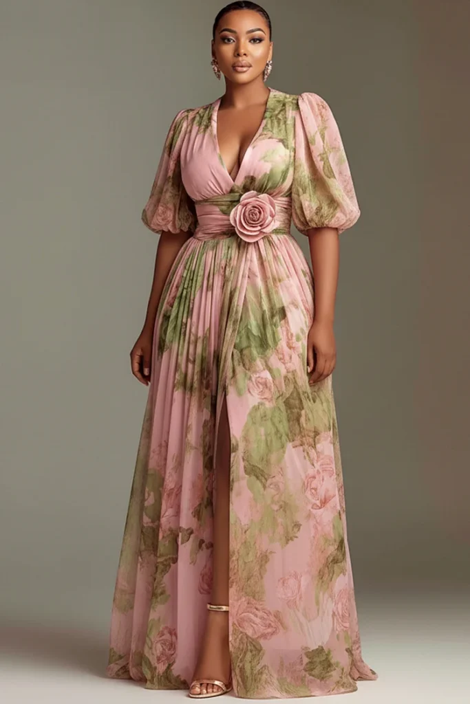 Plus Size Wedding Guest Peach Floral V Neck Puff Sleeve Short Sleeve 3D Split Chiffon Maxi Dress