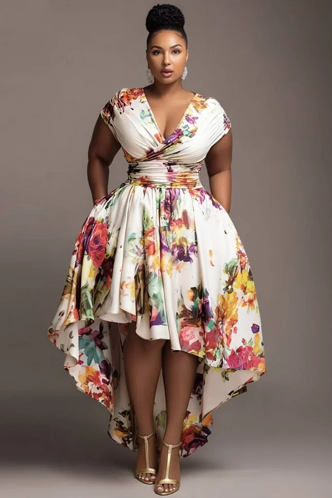 Plus Size Wedding Guest White Floral Wrap Neck High Low Hem Pocket Midi Dress