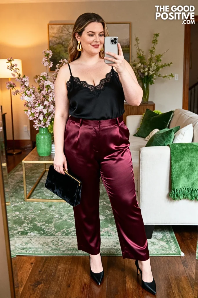 Plus Size Wine Colored Satin Trousers and Black Lace Cami Outfit