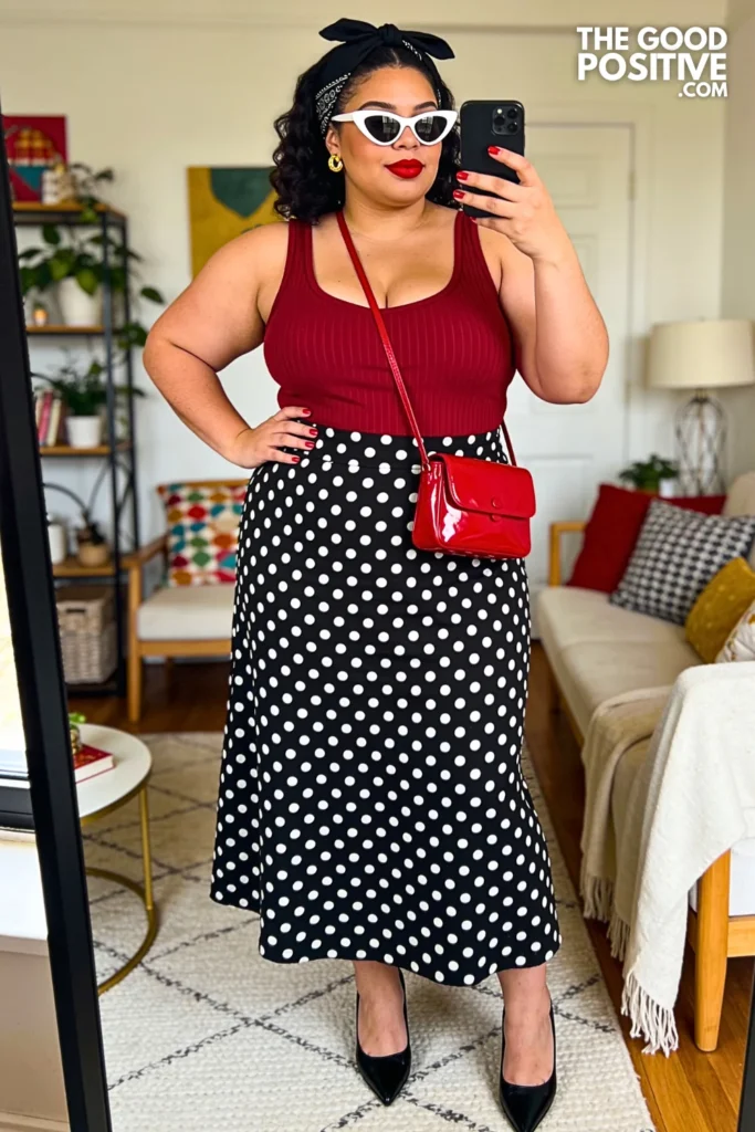 Polka Dot Midi Skirt With Cherry Red Ribbed Tank