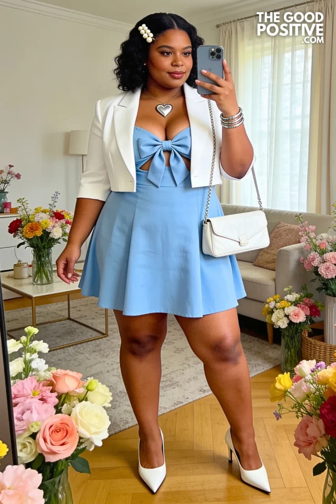 Powder Blue Bow-Back Mini Dress With White Cropped Blazer