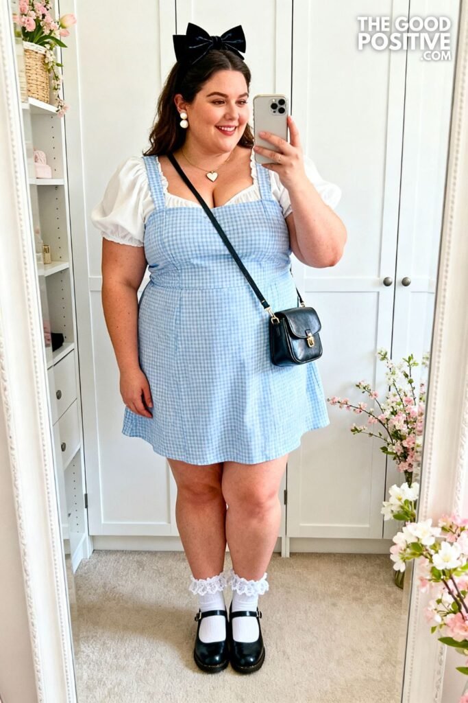 Powder Blue Gingham Pinafore With Puff-Sleeve Blouse