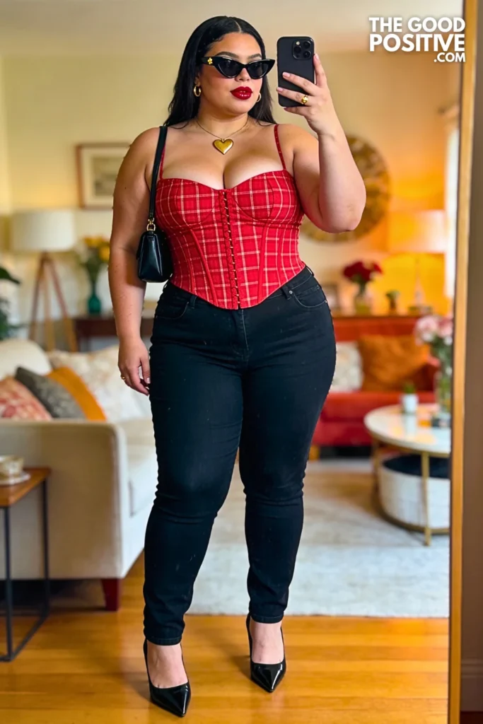 Red Gingham Corset Top With Black Straight Leg Jeans