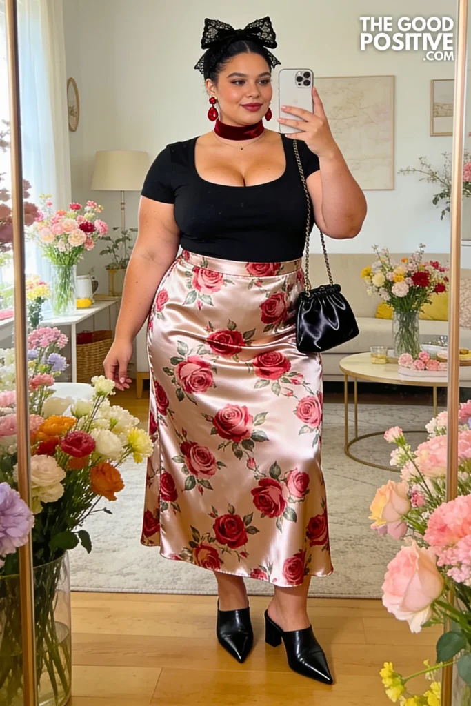Rose Print Satin Maxi Skirt With Black Fitted Tee