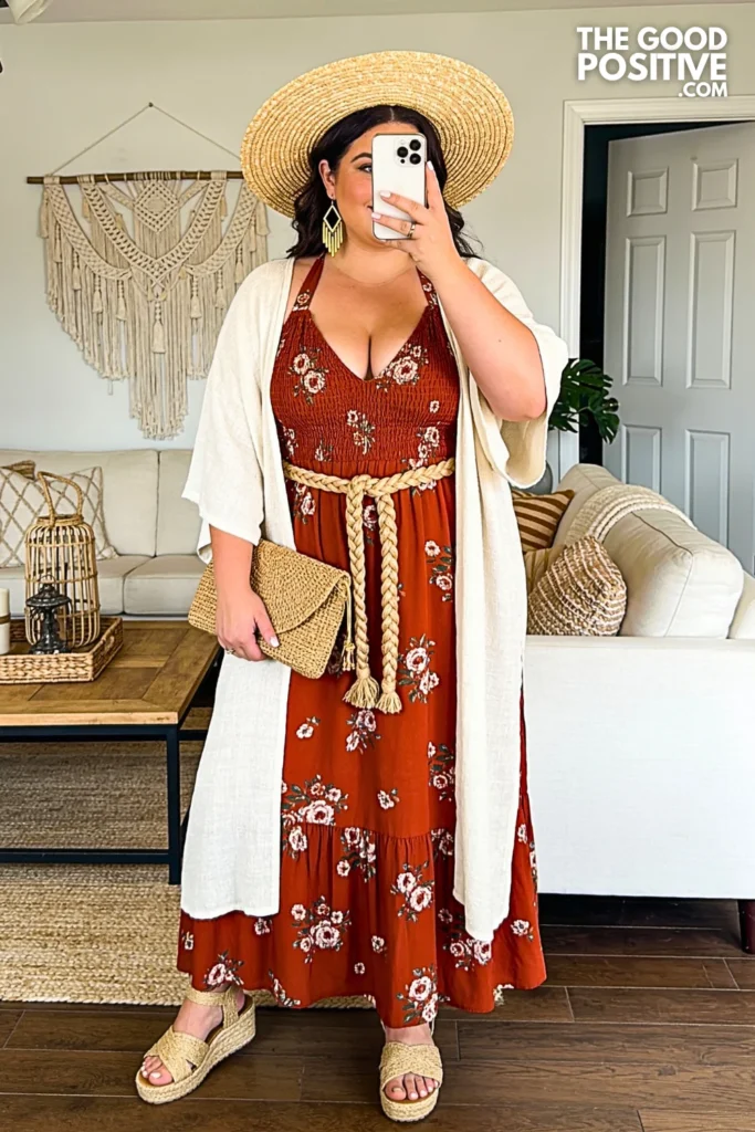 Rust Floral Halter Maxi Dress with Ivory Linen Duster