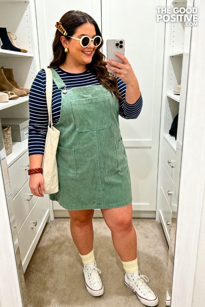 Sage Corduroy Overall Dress With Striped Long-Sleeve Tee