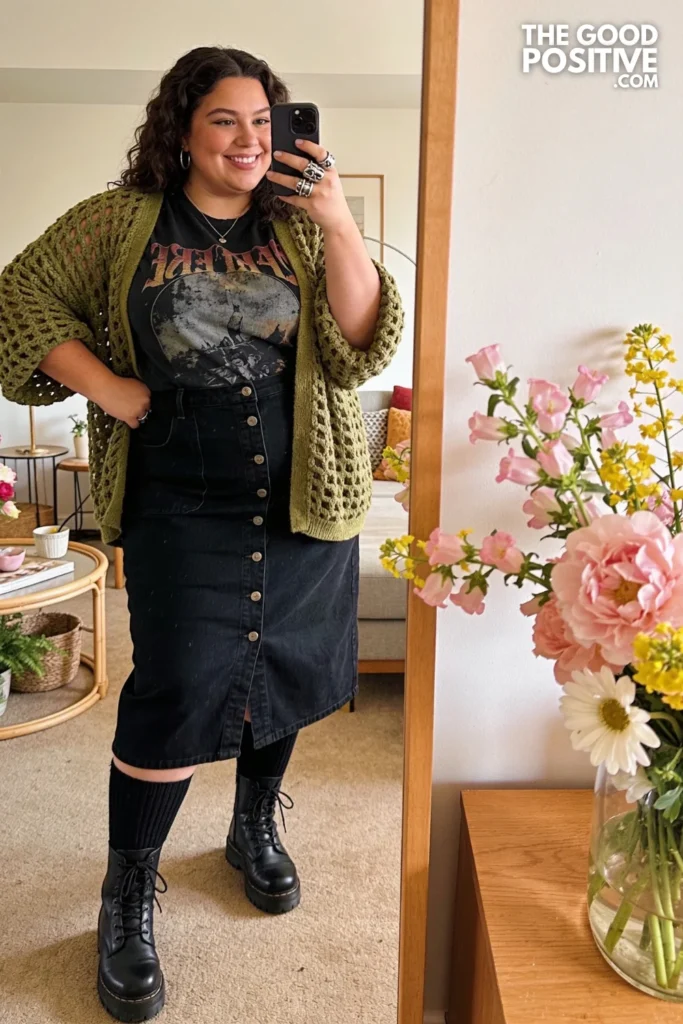 Sage Crochet Cardigan, Faded Band Tee, And Black Denim Maxi Skirt