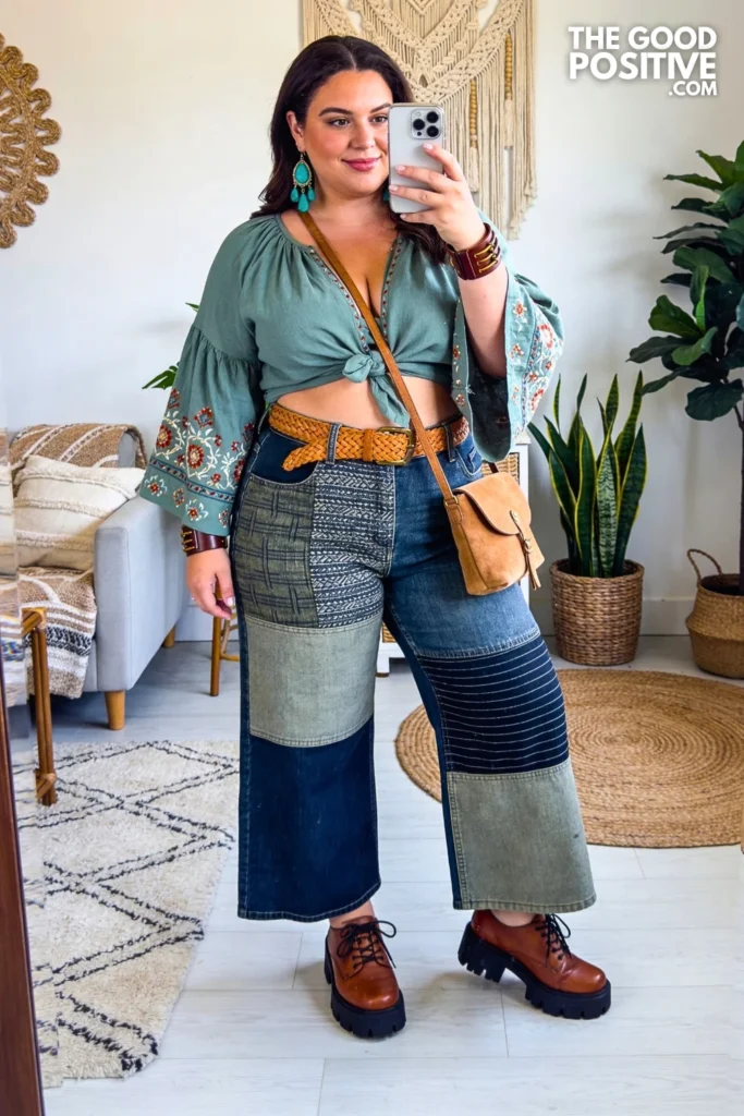 Sage Embroidered Peasant Top with Patchwork Wide-Leg Jeans