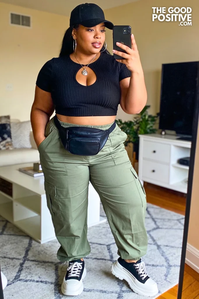 Sage Green Parachute Pants With Black Keyhole Crop Top