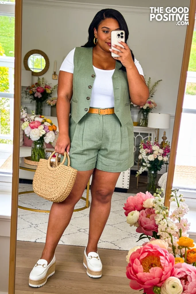 Sage Green Vest And Bermuda Shorts Set