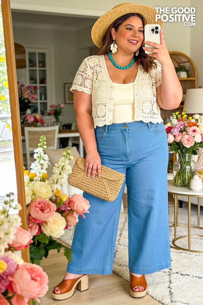 Sky Blue Wide-Leg Jeans With Cream Crochet Lace Top