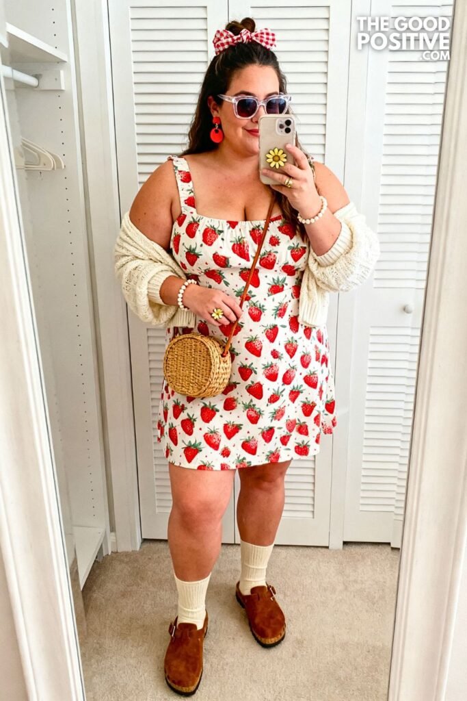 Strawberry Print Sundress With Cream Knit Shrug