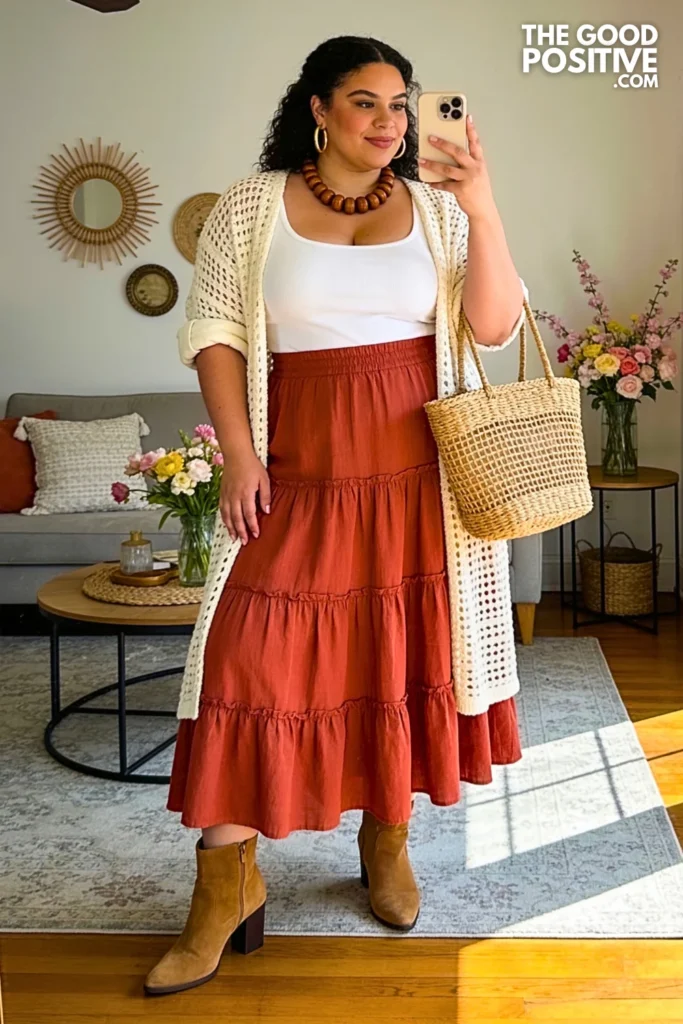 Terracotta Tiered Maxi Skirt with Cream Crochet Cardigan