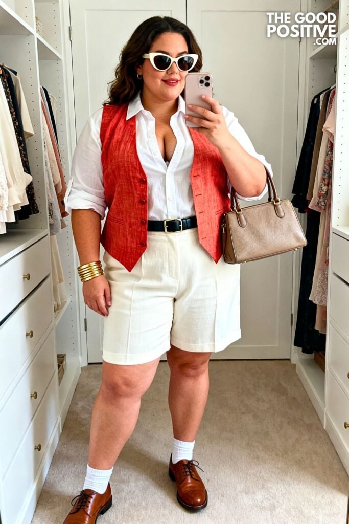 Tomato Red Linen Waistcoat With Chalk-White Bermuda Shorts
