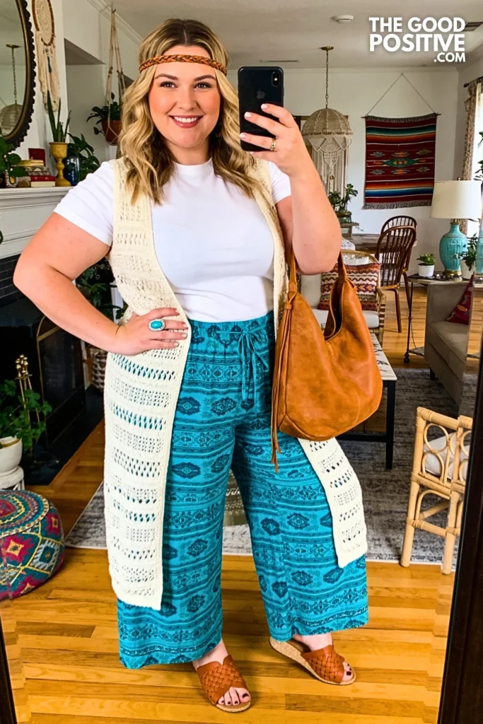 Turquoise Block-Print Palazzo Pants with Cream Knit Vest