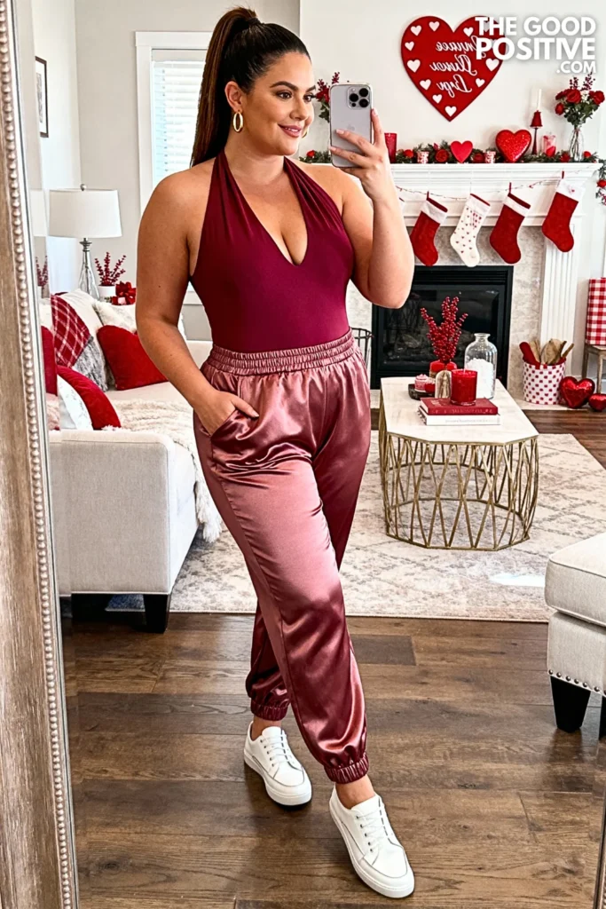 Berry Colored Halter Bodysuit With Satin Joggers