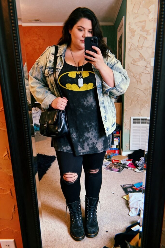 Black Band Tee Dress With Ripped Leggings And Denim Jacket