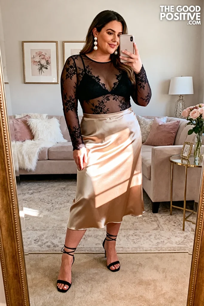 Black Lace Bodysuit With Satin Midi Skirt