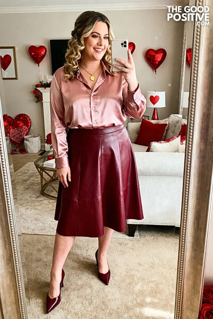 Blush Pink Satin Shirt With Burgundy Leather Skirt