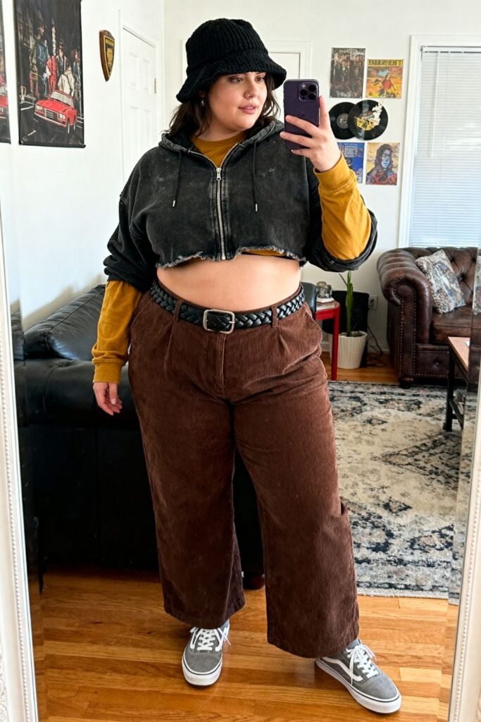 Brown Corduroy Pants With Cropped Hoodie And Mustard Tee