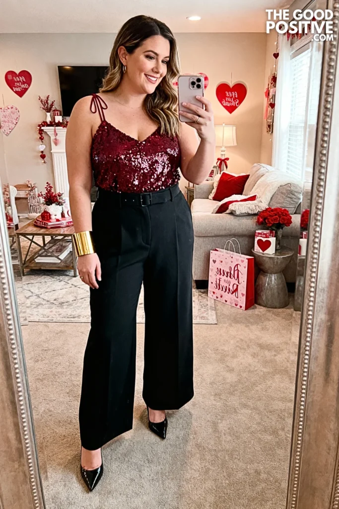 Burgundy Sequin Cami With Wide Leg Trousers