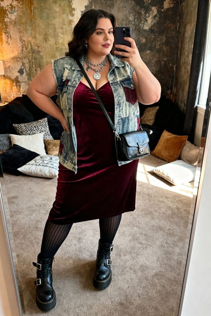 Burgundy Velvet Midi Dress With Oversized Denim Vest