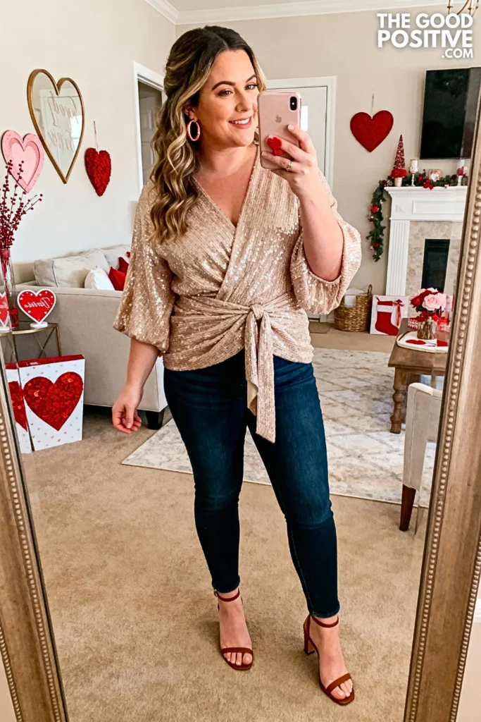 Champagne Sequin Wrap Top With Dark Denim