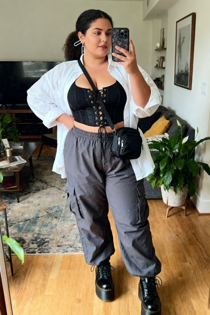 Charcoal Parachute Pants With Corset-Style Top