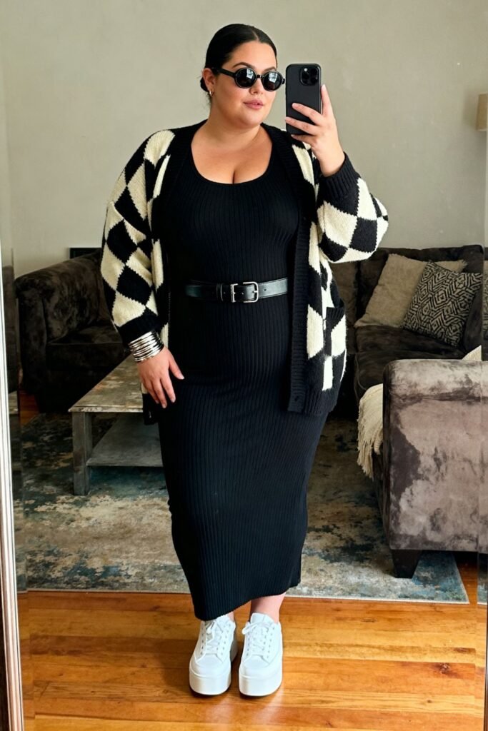 Checkerboard Knit Cardigan With Black Ribbed Maxi Dress